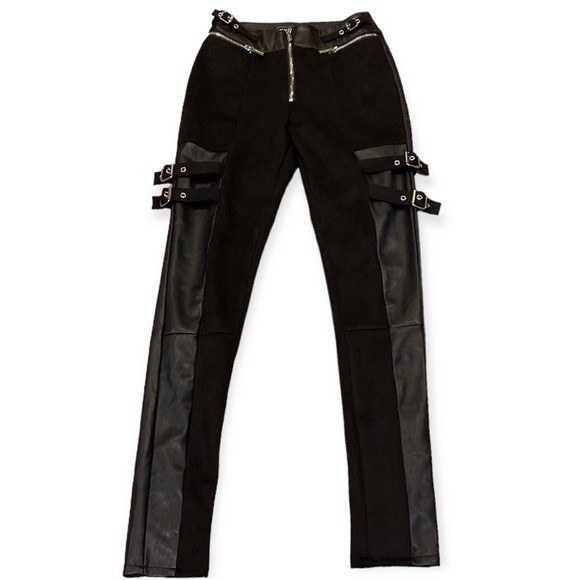 Maniere De Voir Pants Vegan Leather Buckle Strap Pants  Black - Picture 1 of 10